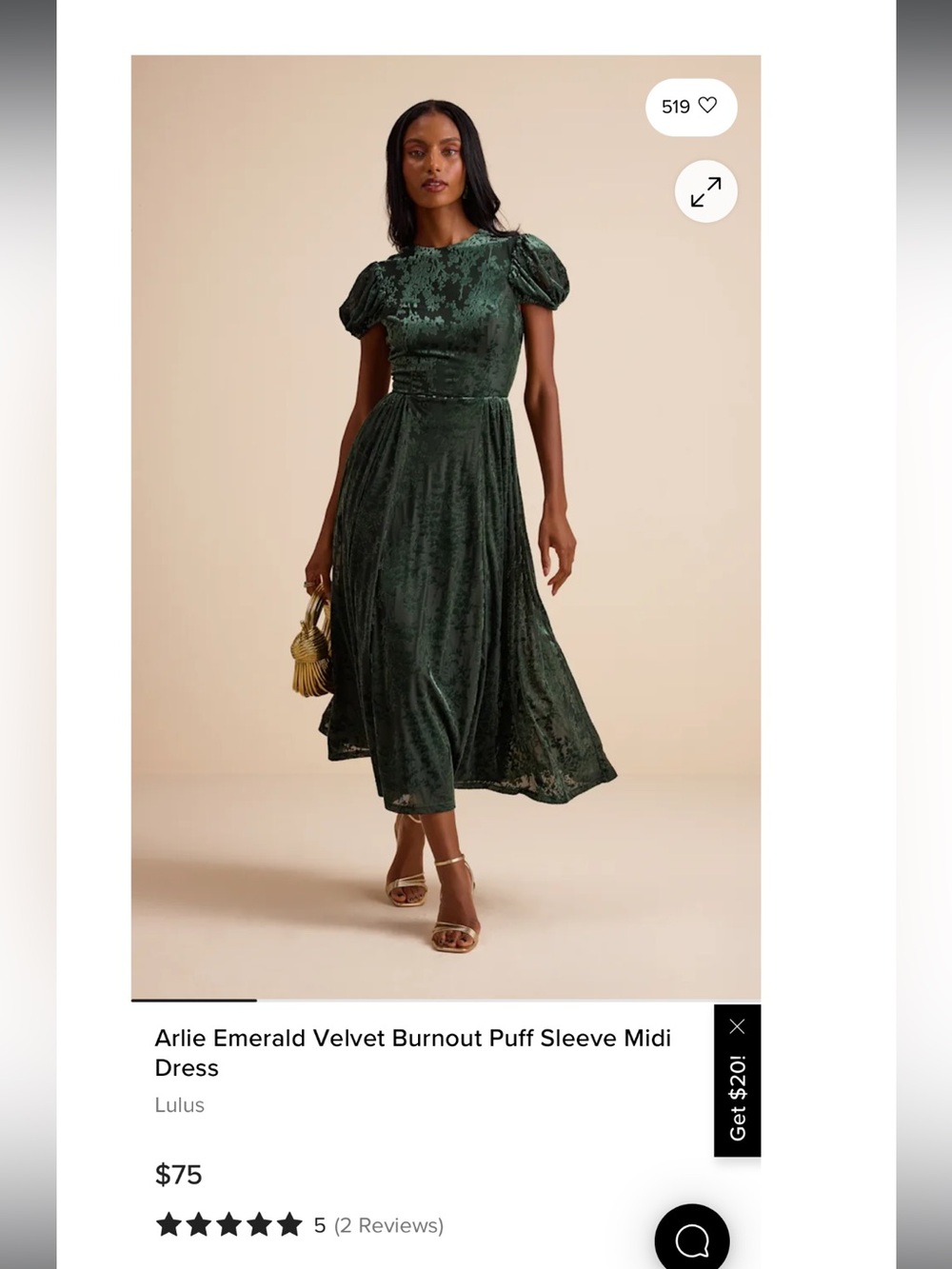 Arlie Emerald Velvet Burnout Puff Sleeve Midi Dress